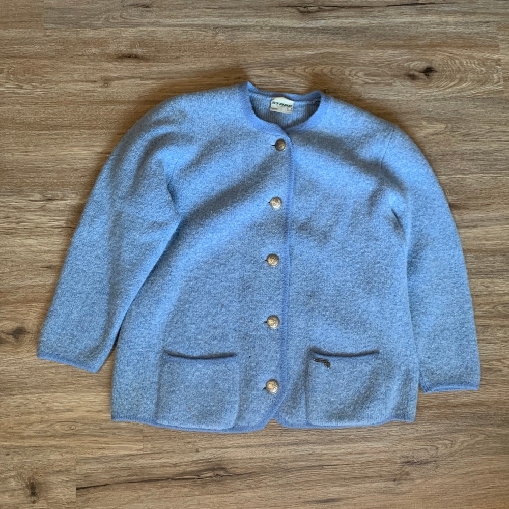 Vintage Stapf Boiled Wool Thick Sweater Coat in Blue - Size 44 Euro